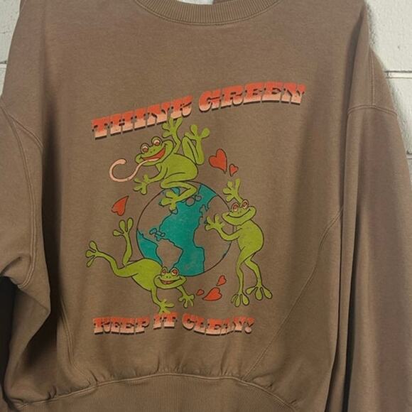 URBAN OUTFITTERS Sweatshirt 
Brown Think Green Frogs Earth Day size Small - Picture 7 of 9